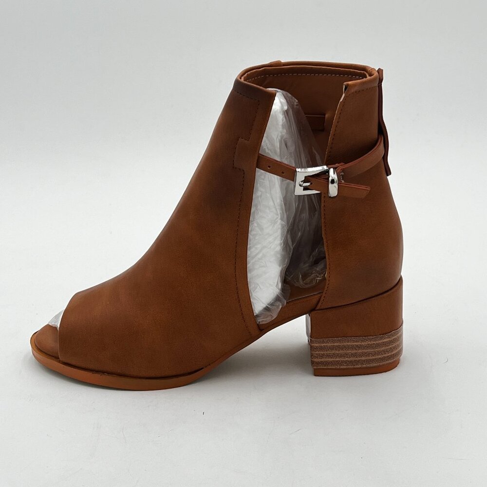FSJ Brown Peep Open Toe Boot Cut Out Buckle Ankle Bootie Comfortable Shoes - Picture 2 of 6
